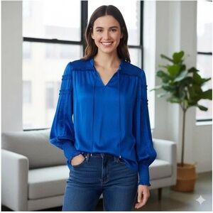 NWT White House Black Market Vibrant Blue Ruffle Tie Neck Blouse XS